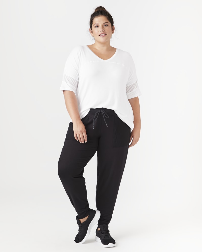 Plus size model with hourglass body shape wearing Blossom V-Neck Tee by Marc NY | Dia&Co | dia_product_style_image_id:140211